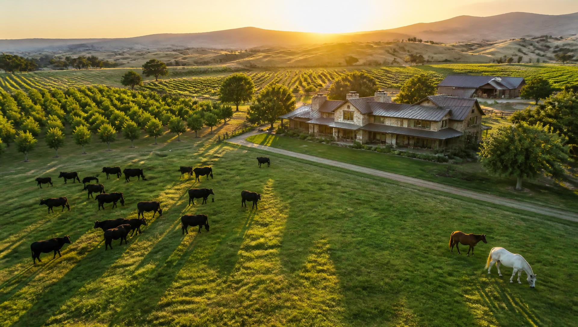 Aerial view of a premium agricultural estate at golden hour